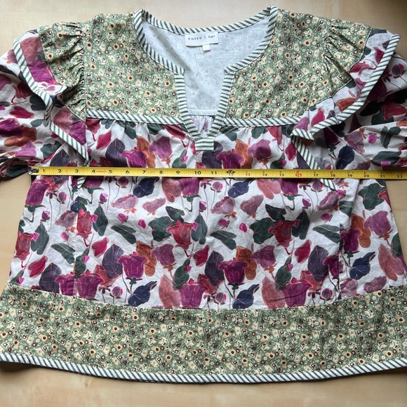 Entro Mixed Floral Stripe Patchwork Ruffle Blouse in Plum/Olive - Picture 6 of 8